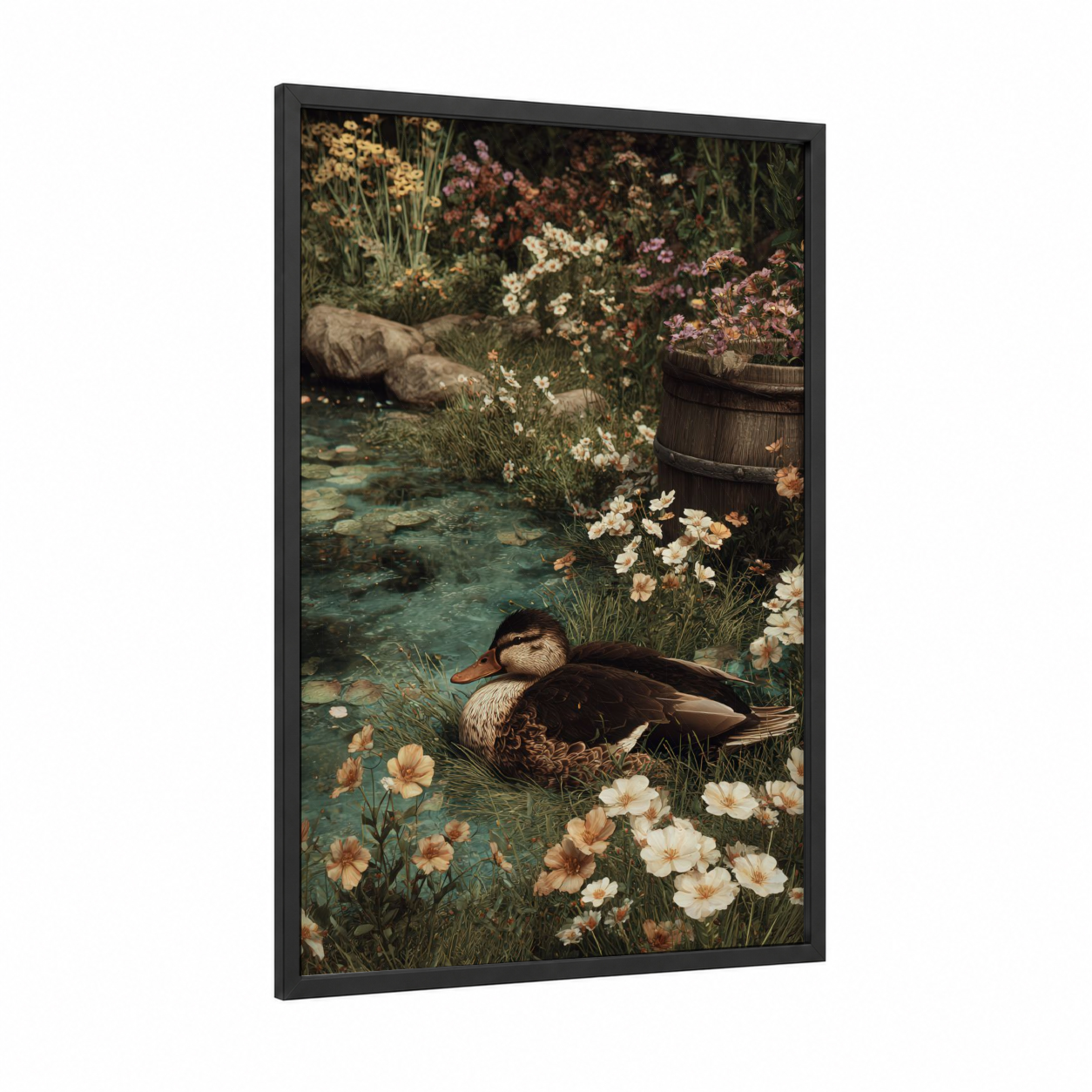 Garden Duck Sanctuary framed ducks print — black wood frame — cream and sage green palette