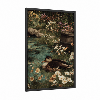 Garden Duck Sanctuary framed ducks print — black wood frame — cream and sage green palette