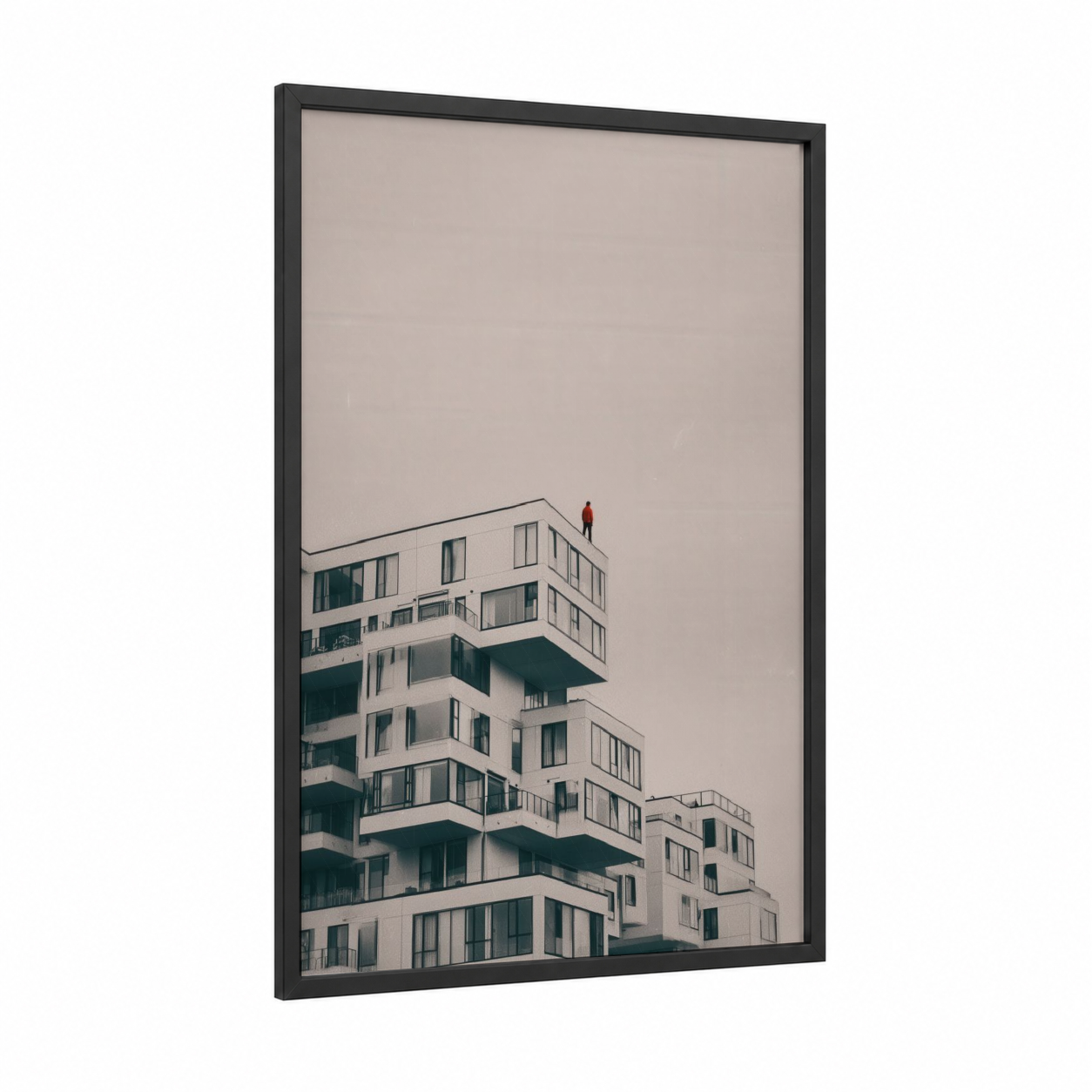 Rooftop Solitude framed abstract architecture print — black wood frame — gray and black and white palette