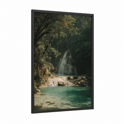 Emerald Jungle Waterfall framed art print — black wood frame — dark green and turquoise palette