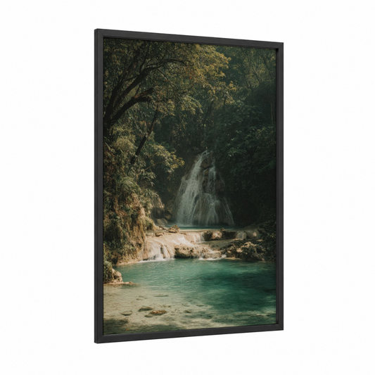 Emerald Jungle Waterfall framed art print — black wood frame — dark green and turquoise palette