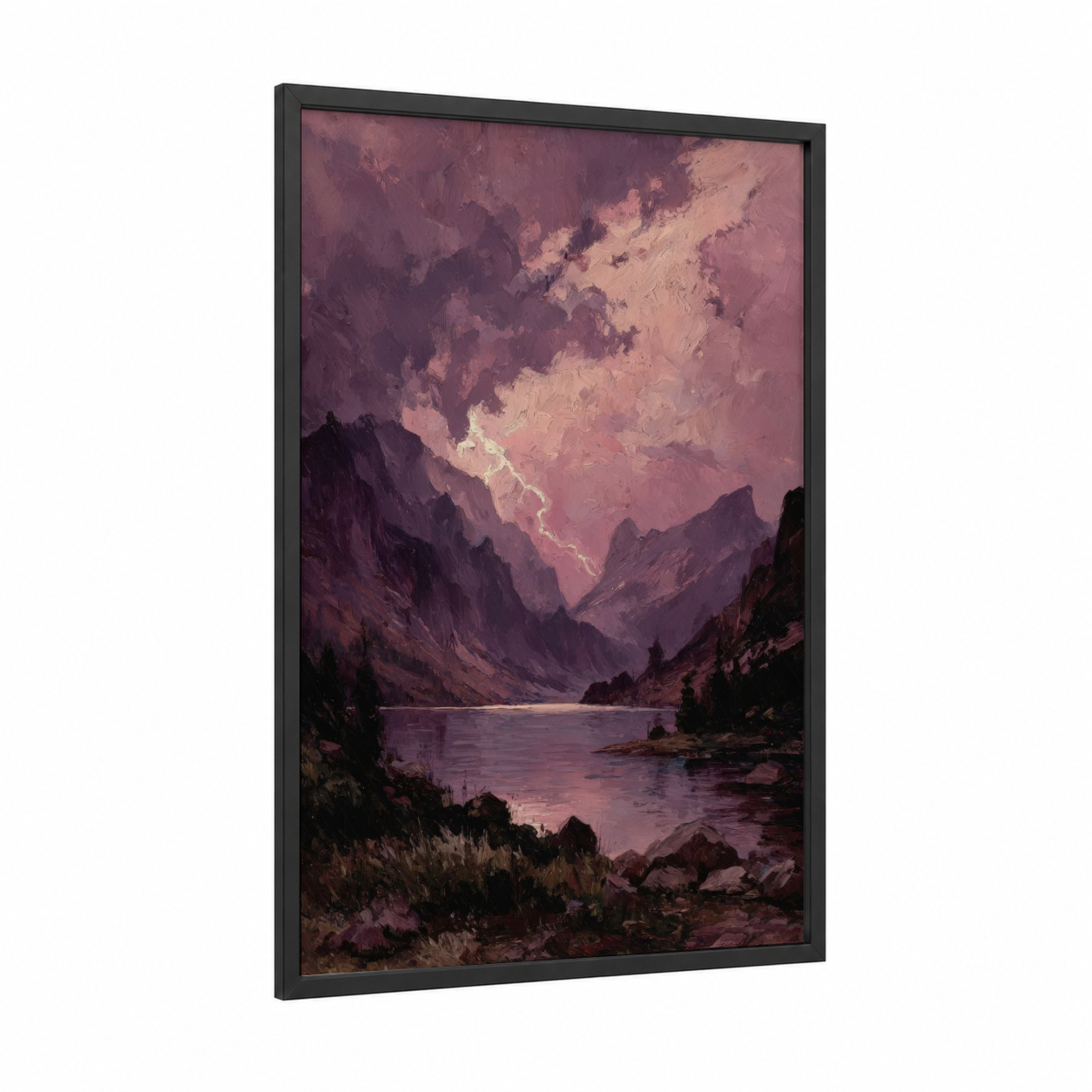 Majestic Alpine Lake framed lakes print — black wood frame — rose gold and lavender palette