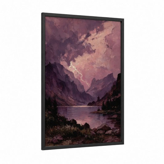 Majestic Alpine Lake framed lakes print — black wood frame — rose gold and lavender palette