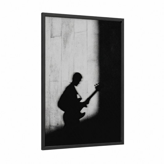Shadow Musician framed bass guitar print — black wood frame — black and white palette