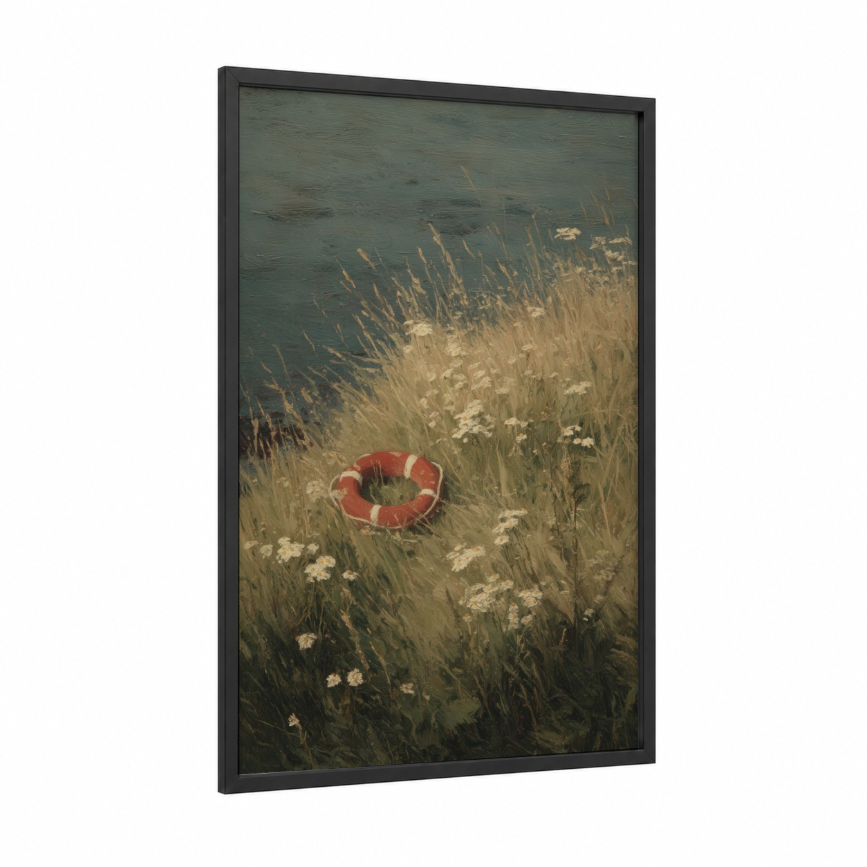 Coastal Rescue Ring framed life ring print — black wood frame — gray and gold and white palette