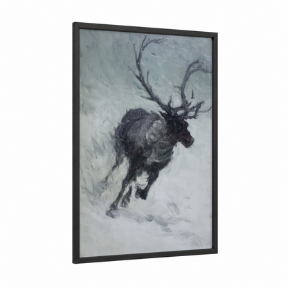 Snowy Reindeer framed art print — black wood frame — gray and black and white palette