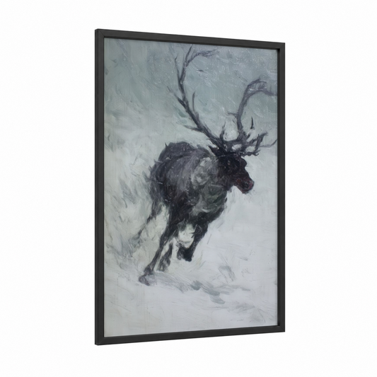 Snowy Reindeer framed art print — black wood frame — gray and black and white palette