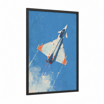 Ascending Fighter framed military plane print — black wood frame — blue and russet palette
