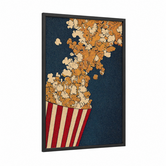 Vintage Popcorn framed art print — black wood frame — gold and red palette