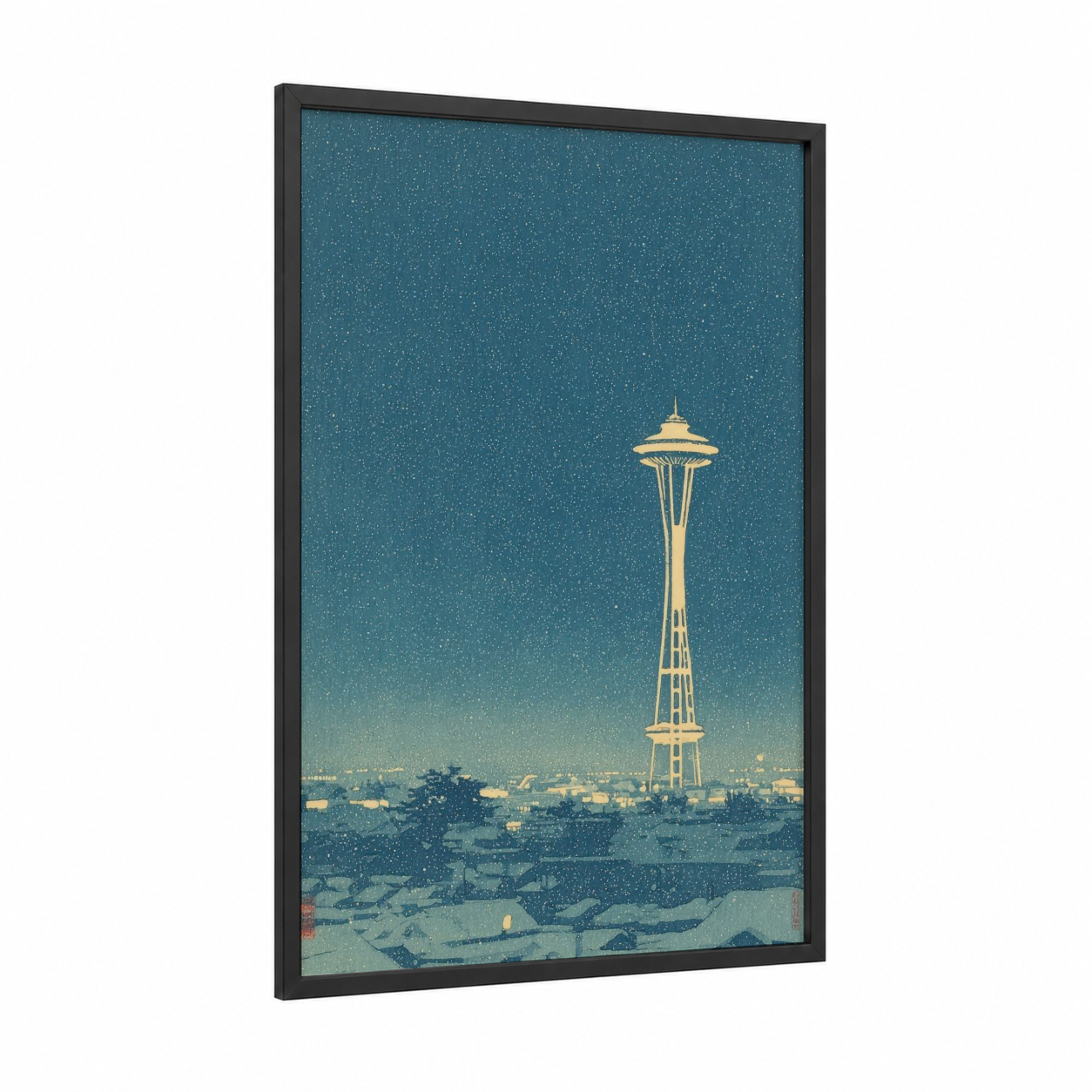 Starry Seattle Night framed space needle (seattle) print — black wood frame — teal and gold palette