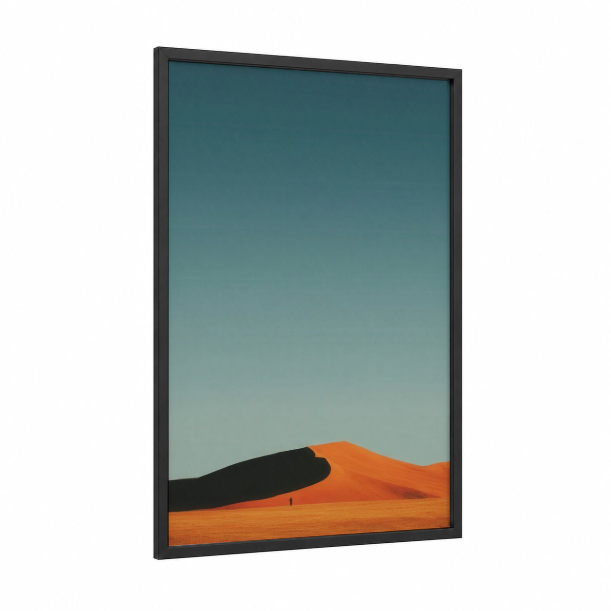 Crimson Dune framed art print — black wood frame — orange and teal palette