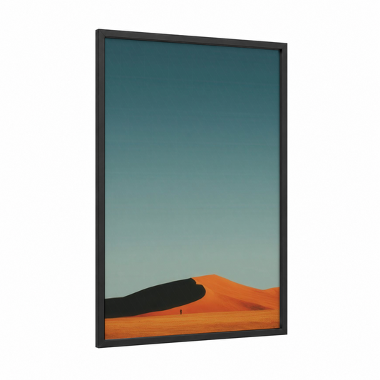 Crimson Dune framed art print — black wood frame — orange and teal palette