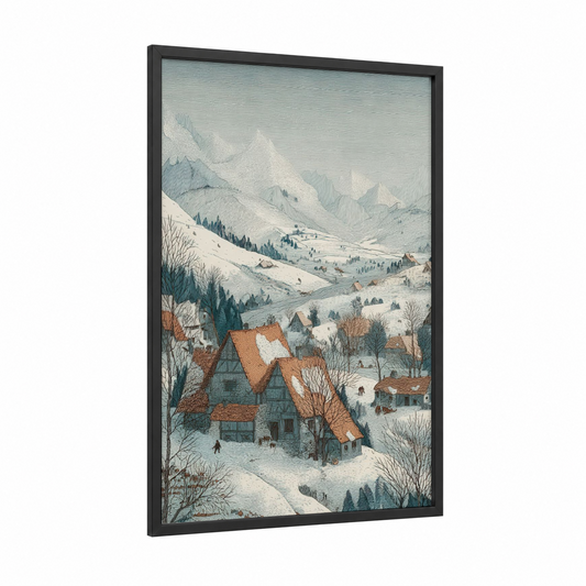 Alpine Village Winter framed alps print — black wood frame — blue and white and russet palette