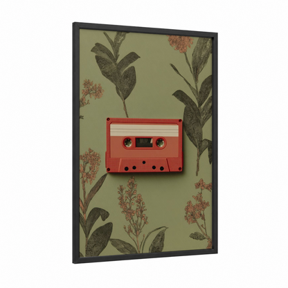 Retro Cassette Botanicals framed casette print — black wood frame — sage green and salmon pink palette