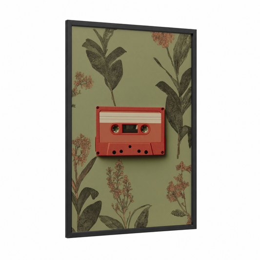 Retro Cassette Botanicals framed casette print — black wood frame — sage green and salmon pink palette