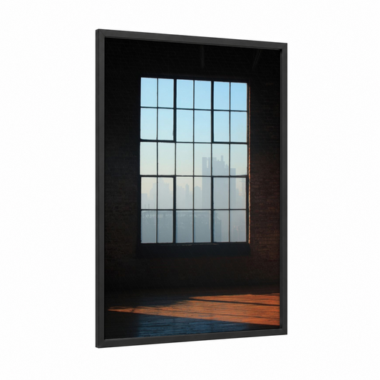 Urban Skyline Window framed art print — black wood frame — blue and white and gold palette
