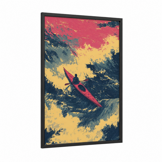 Crimson Kayak Adventure framed kayaks and canoes print — black wood frame — magenta and yellow gold palette