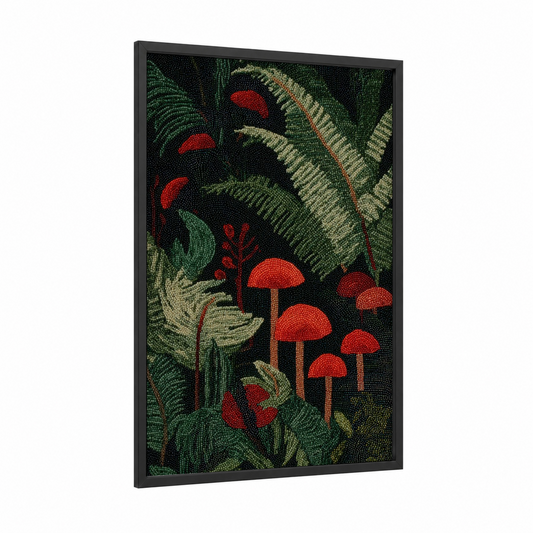 Crimson Mushroom Forest framed beadwork print — black wood frame — red and dark green palette