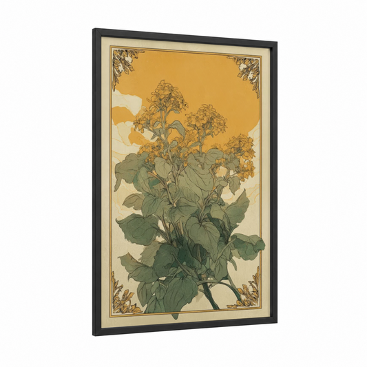 Golden Herb Botanical framed herbs print — black wood frame — gold and sage green palette