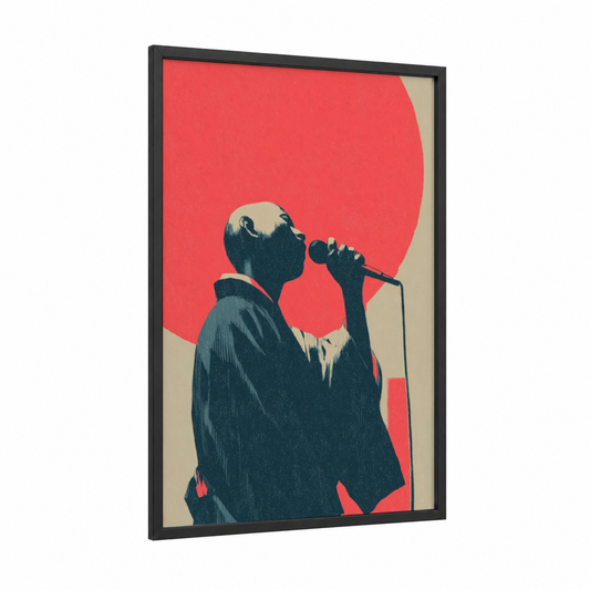 Vocal Performer framed hiphop print — black wood frame — red and black palette
