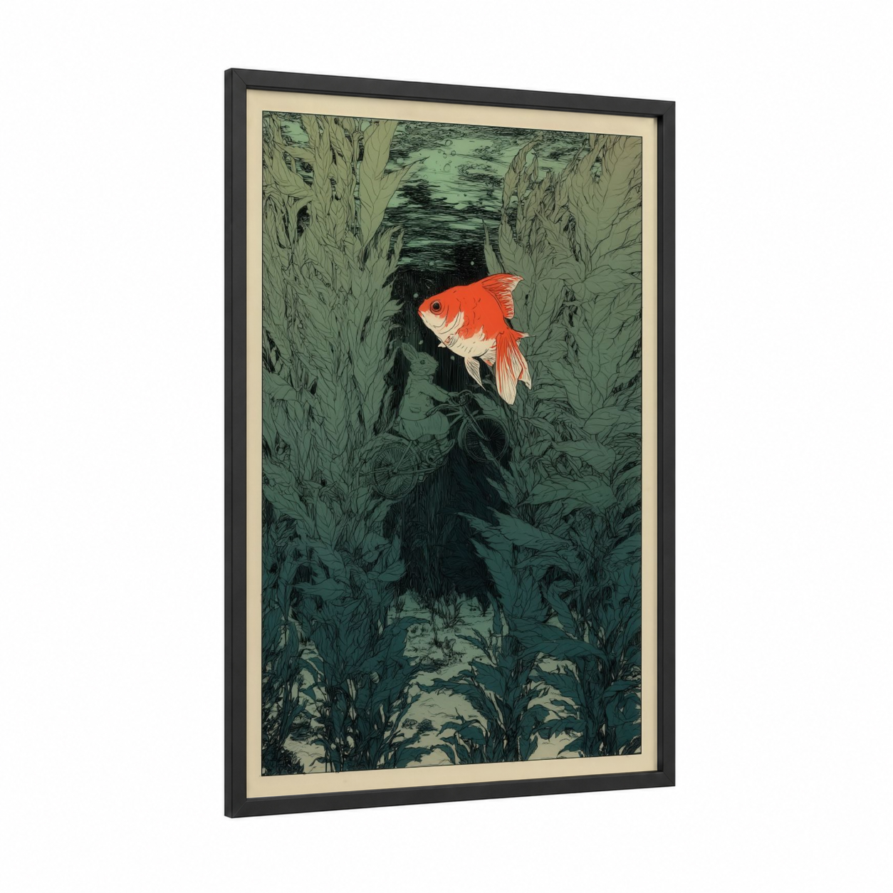 Golden Aquatic Garden framed goldfish print — black wood frame — light green and orange palette