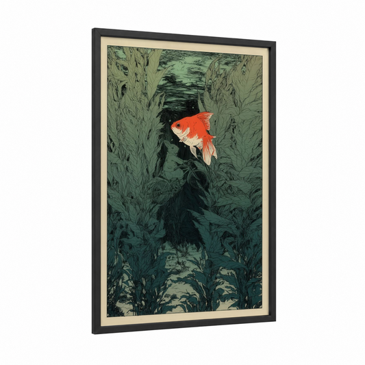 Golden Aquatic Garden framed goldfish print — black wood frame — light green and orange palette