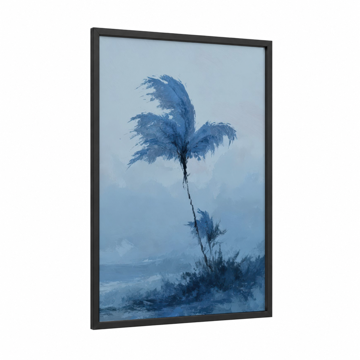 Windswept Palm framed palm tree print — black wood frame — blue and gray palette