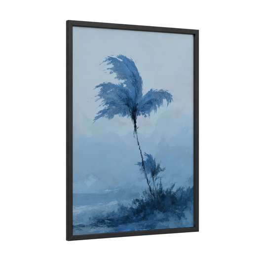 Windswept Palm framed palm tree print — black wood frame — blue and gray palette