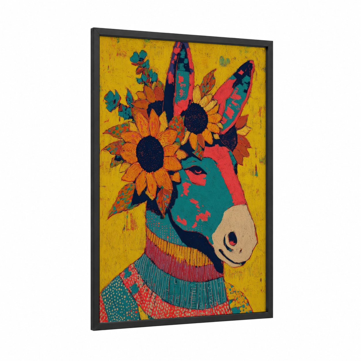 Sunflower Mule framed art print — black wood frame — yellow gold and teal palette