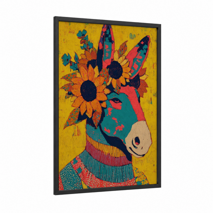 Sunflower Mule framed art print — black wood frame — yellow gold and teal palette