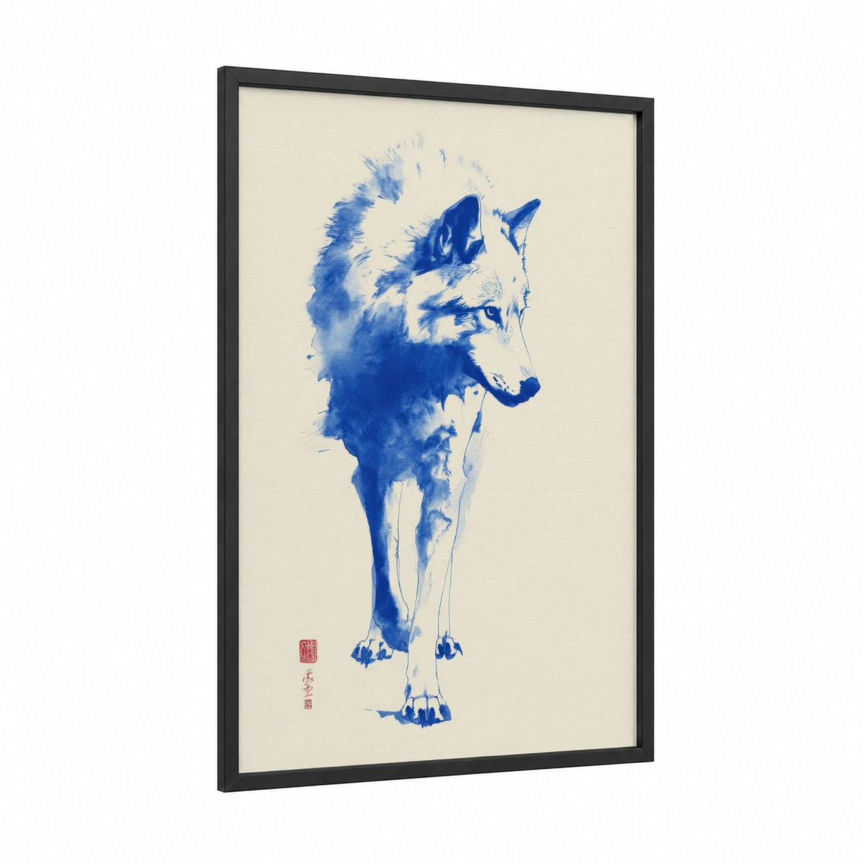 Azure Wolf Study framed art print — black wood frame — blue and cream palette