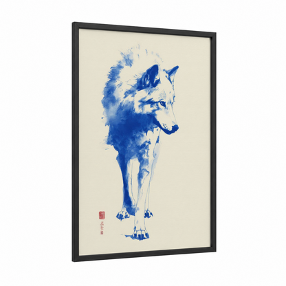 Azure Wolf Study framed art print — black wood frame — blue and cream palette