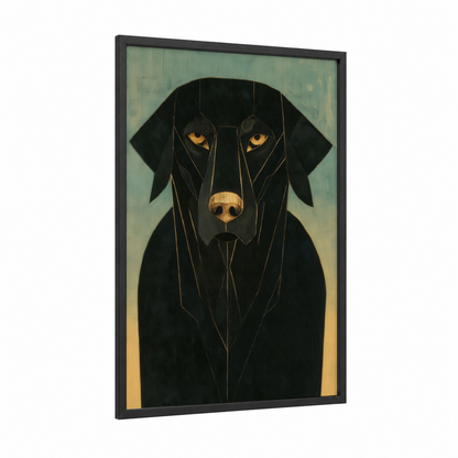 Golden-Eyed Retriever framed art print — black wood frame — black and gold and sage green palette