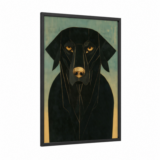 Golden-Eyed Retriever framed art print — black wood frame — black and gold and sage green palette