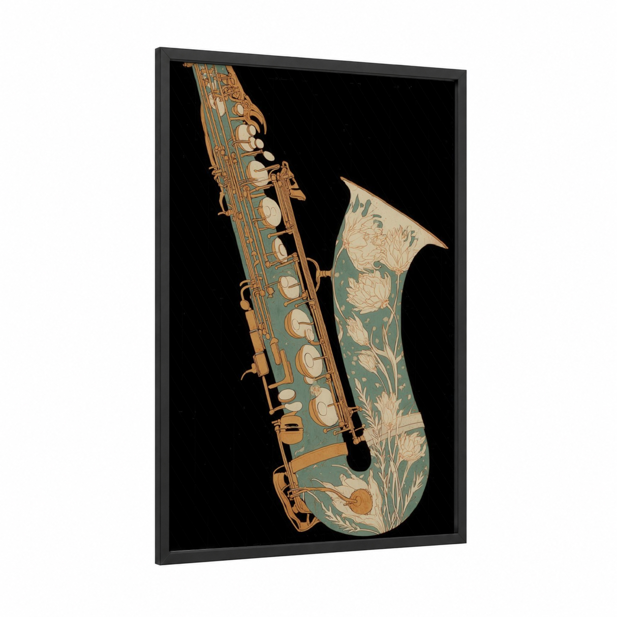 Floral Saxophone framed art print — black wood frame — gold and teal palette