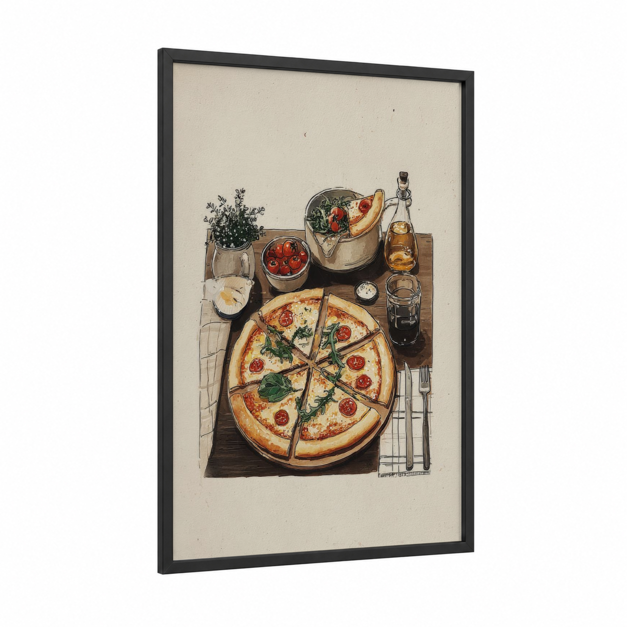 Margherita Pizza Table framed fast food print — black wood frame — cream and gold palette