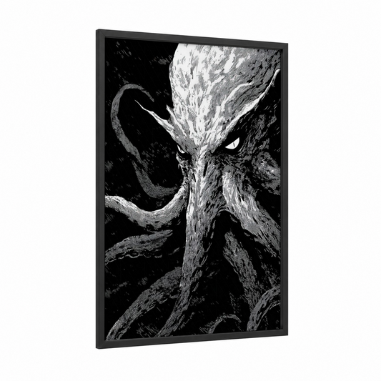 Cosmic Cthulhu framed art print — black wood frame — black and white palette