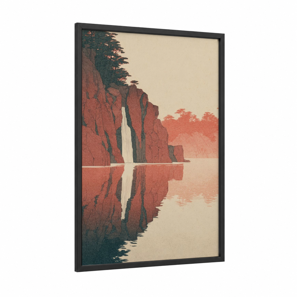 Crimson Waterfall framed art print — black wood frame — russet and dark green palette