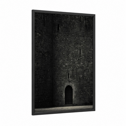 Fortified Stone Door framed masonry print — black wood frame — black and white and gray palette
