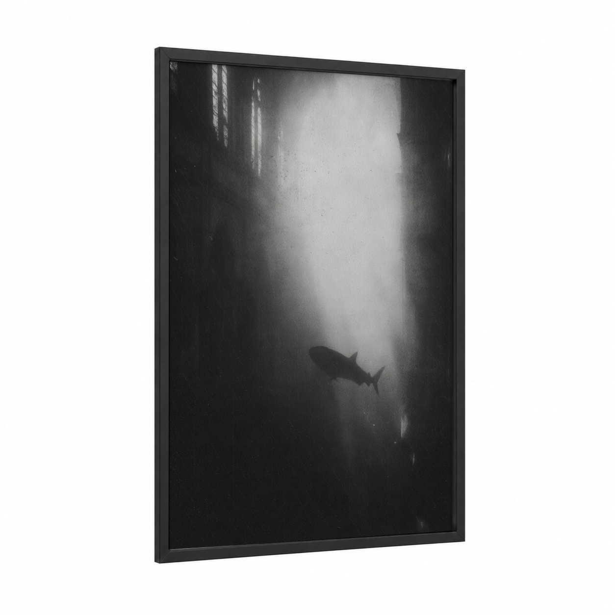 Ethereal Whale Shark framed art print — black wood frame — black and white and gray palette