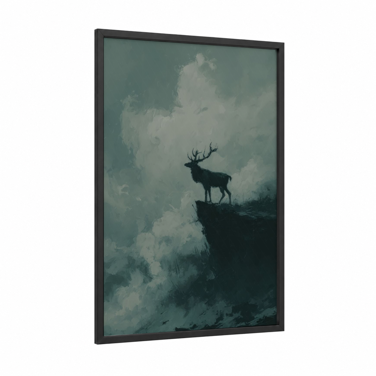 Majestic Summit Elk framed art print — black wood frame — dove gray and blue and gray palette