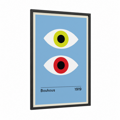 Chromatic Eyes framed abstract geometric print — black wood frame — blue and lime green palette