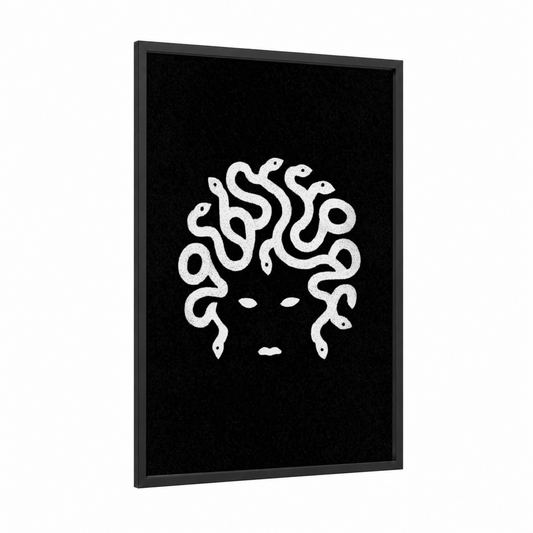 Medusa Monochrome framed art print — black wood frame — black and white palette
