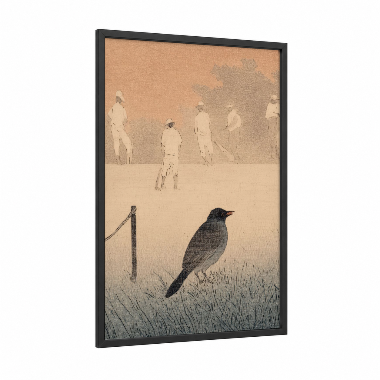 Cricket Match Dawn framed art print — black wood frame — champagne gold and beige palette
