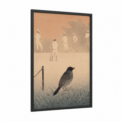Cricket Match Dawn framed art print — black wood frame — champagne gold and beige palette
