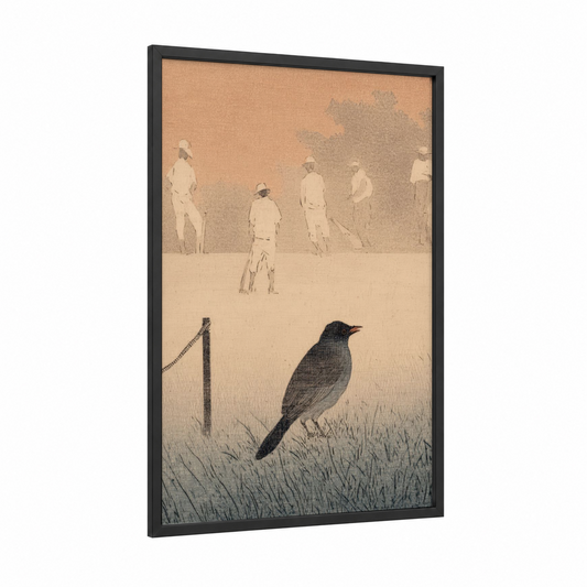 Cricket Match Dawn framed art print — black wood frame — champagne gold and beige palette