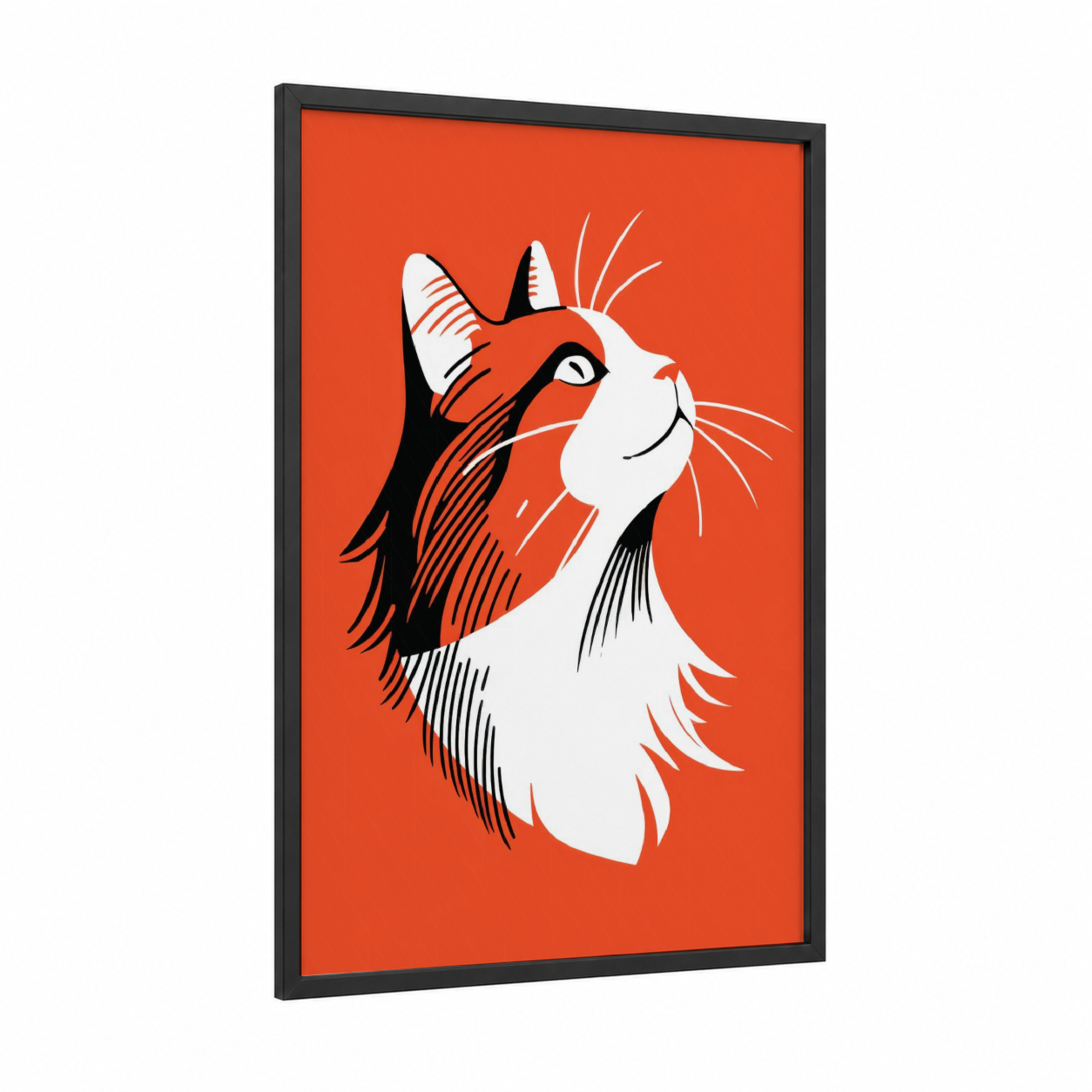 Upward Cat framed art print — black wood frame — orange and black and white palette