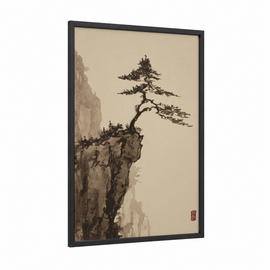 Clifftop Bonsai framed art print — black wood frame — beige and black and white palette