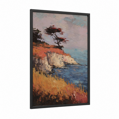 Crimson Coastal Cliff framed art print — black wood frame — russet and turquoise palette
