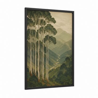 Mountain Valley Eucalyptus Forest Wall Art framed art print — black wood frame — olive and beige palette